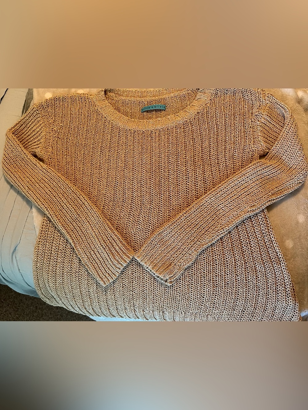 Alice + Olivia Cable Knit Crewneck Sweater in metallic Beige